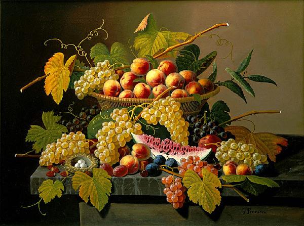 Severin Roesen Still Life with a Basket of Fruit